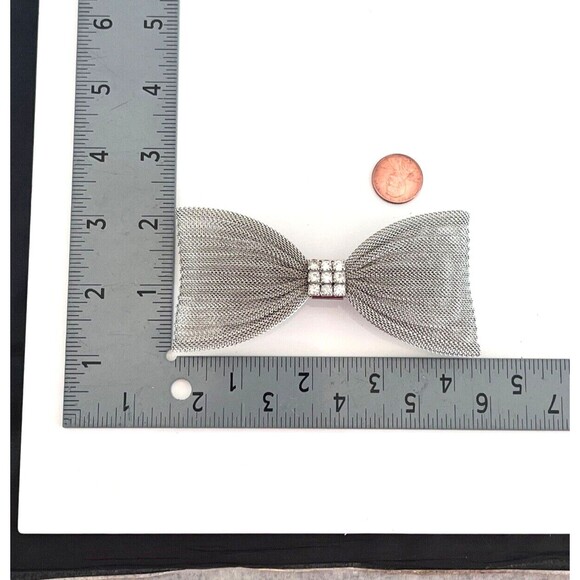Vintage 1980s Kirks Folly Bow Barrette Silver Tone Mesh Crystal Hair Clip - 7O main image 4